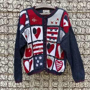 Vintage 90s Knit Hearts Americana Patchwork Sampler Cardigan Sweater XL